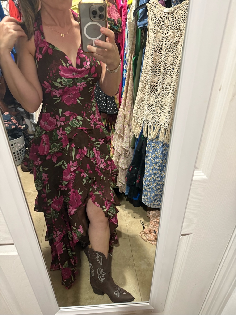 Floral High-Low Halter Maxi Dress - Brown with Pink Floral